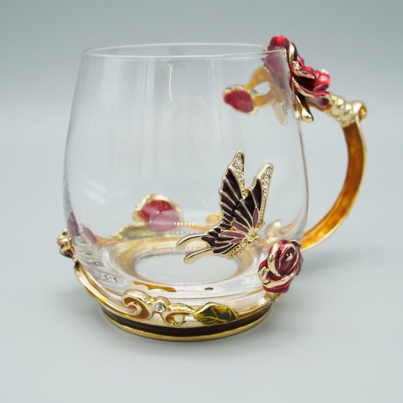 Reposhed Arc Of France Glass Mug & Spoon - Rose & Butterfly Design - Picture 9 of 15